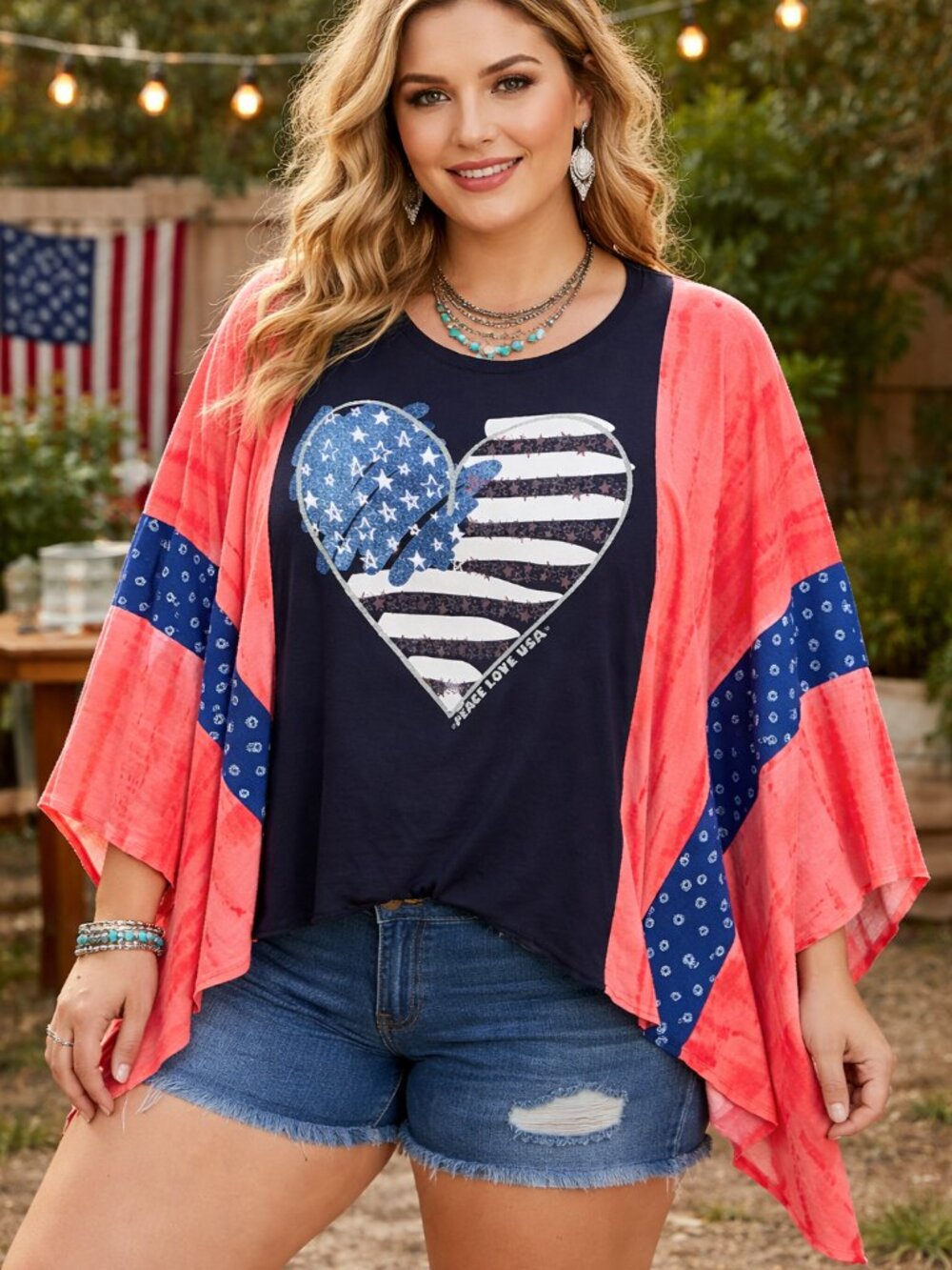 Upcycled Patriotic Poncho T-Shirt, Oversized Handmade Cropped Tunic, Fits L - 4X